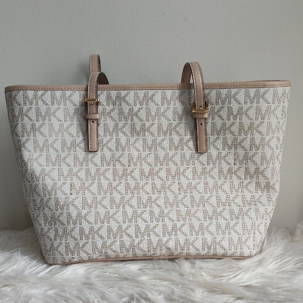 Michael Kors Cream Signature Tote with Leather Trim - Picture 4 of 12